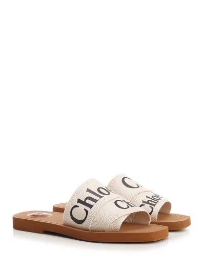 Chloé Woody Flat Logo Ribbon Slide Sandals In White