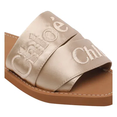Chloé Woody Satin Sandals Embroidered Logo Rubber Sole In Metallic
