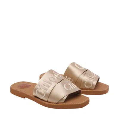 Chloé Woody Satin Sandals Embroidered Logo Rubber Sole In Metallic