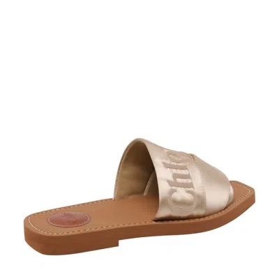 Chloé Woody Satin Sandals Embroidered Logo Rubber Sole In Metallic