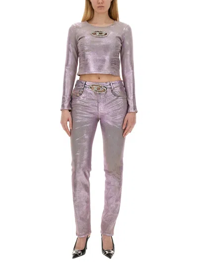 Diesel Stretch Denim Cropped Top With Metallic Finish In Pink