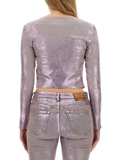 Diesel Stretch Denim Cropped Top With Metallic Finish In Pink