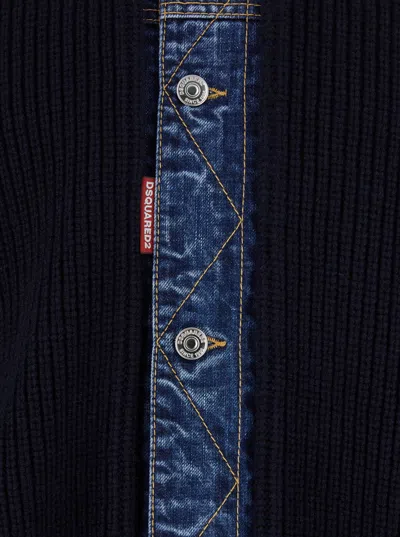 Dsquared2 Men Blue Cardigan With Denim Panels And Striped Details On The Sleeve In Wool And Cashmere In Multi