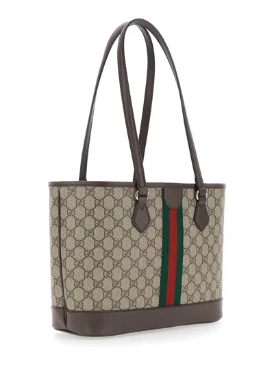 Gucci Women 'ophidia' Beige Shopper With All-over Gg Motif And Metallic Logo On The Front In Fabric  In Multi