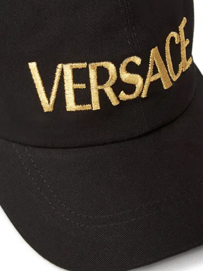 Versace Cotton Baseball Cap With Gold Embroidery In Black