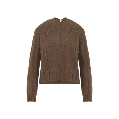 Loewe V Neck Cable Knit Sweater Ribbed Cuffs Hem In Brown