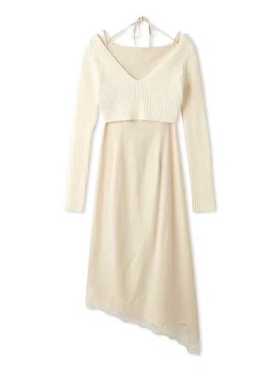 Snidel Cropped Knit & Lace-trimmed Midi Dress In Neutral