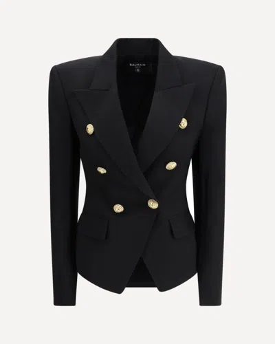 Balmain Women Black Double-breasted Jacket With Branded Buttons And Asymmetric Cut In Wool Woman