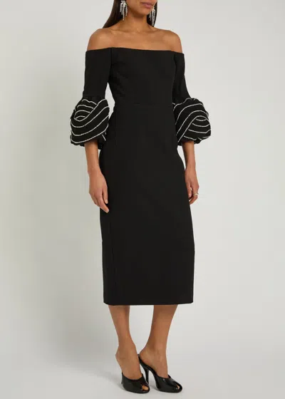 Rebecca Vallance Bellatrix Off-the-shoulder Crystal-embellished Crepe Midi Dress In Black