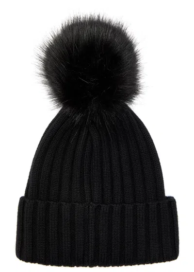 Moncler Ribbed Wool Bobble Hat In Black