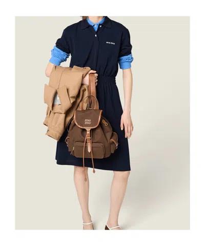 Miu Miu Canvas And Leather Backpack In Brown
