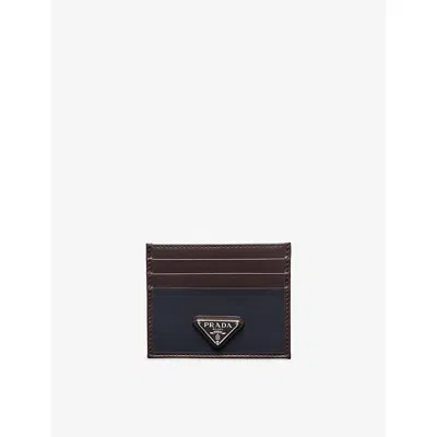 Prada Leather Card Holder Featuring Contrast Panel In Blue