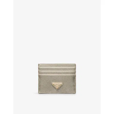 Prada Triangle Logo Leather Card Holder In Gray