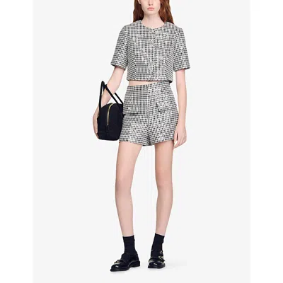 Sandro Tweed Sequinned Houndstooth Shorts In Gray