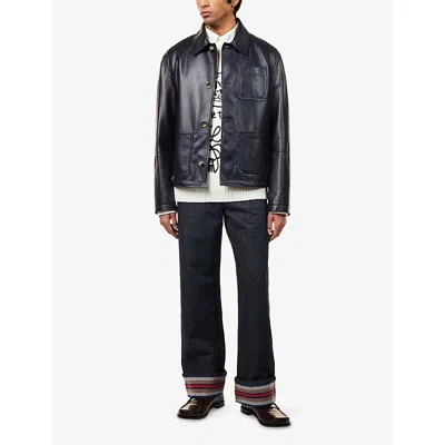 Loewe Mens Navy Blue Workwear Contrast-shell Leather Jacket In Blue