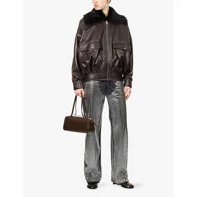 Khaite Daemon Oversized Leather Jacket With Shearling Collar In Brown