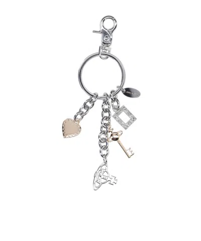Vivienne Westwood Heart And Key Charms Mixed Metal Keyring In Gray