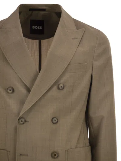 Hugo Boss Boss Double-breasted Blazer In Virgin Wool In Brown