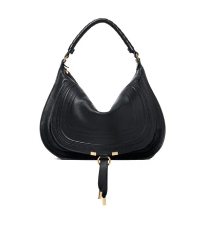 Chloé Marcie Medium Black Shoulder Bag With Logo Lettering On The Front In Suede Woman In Black