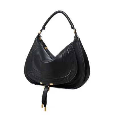 Chloé Marcie Medium Black Shoulder Bag With Logo Lettering On The Front In Suede Woman In Black