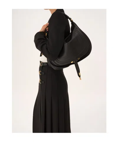 Chloé Marcie Medium Black Shoulder Bag With Logo Lettering On The Front In Suede Woman In Black