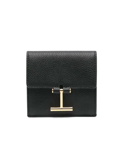 Tom Ford Black Grain Leather Tara Compact Wallet In 1n001 Black