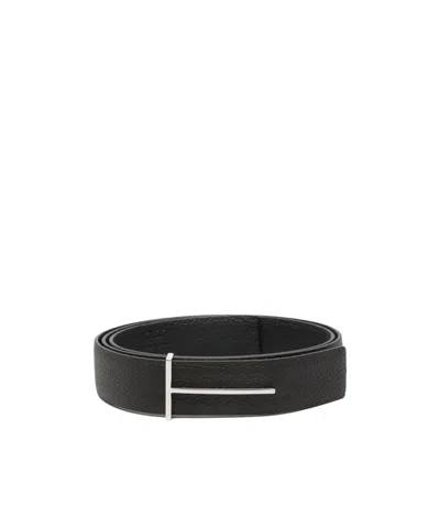 Tom Ford Dark Brown Reversible Textured Silver Buckle Belt In Black