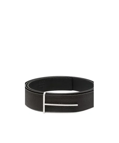 Tom Ford Dark Brown Reversible Textured Silver Buckle Belt In Black