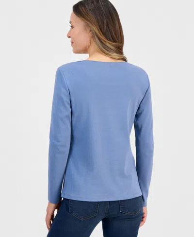 Style & Co Petite Scoop-neck Long-sleeve Cotton Top, Created For Macy's In Blue