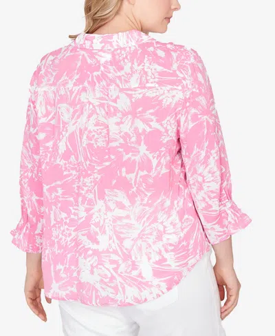 Ruby Rd. Plus Size Brushstroke Floral Silky Gauze Popover Top In Pink