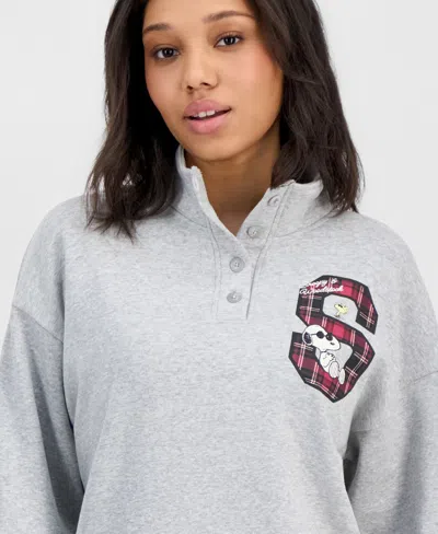 Grayson Threads, The Label Juniors' Snoopy Quarter-snap Sweatshirt In Gray