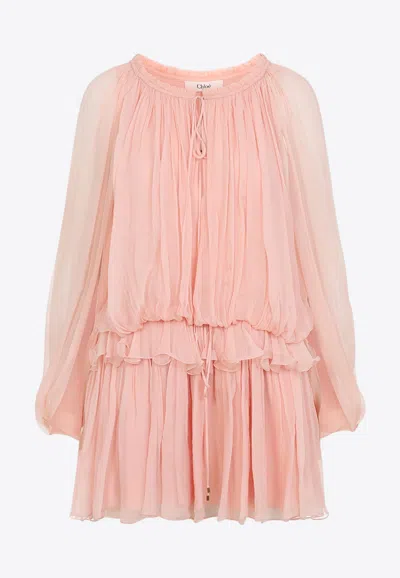 Chloé Women Pink Mini Dress With Drawstring On The Front And Cape Design In Silk Woman In Neutral