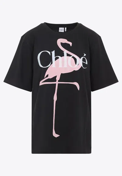 Chloé Women Black Crewneck T-shirt With Maxi Logo Print On The Front In Cotton Woman