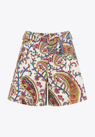 Etro White Floral Paisley-pattern Stretch Cotton Shorts In Multi