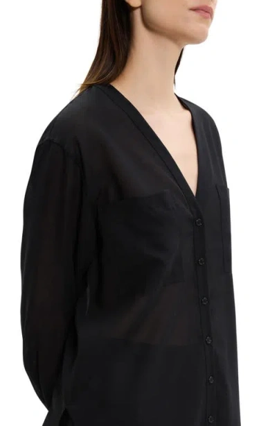Theory Wool Blend V-neck Button-up Shirt In Black