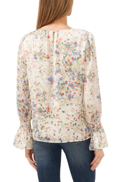 Cece Floral Ruffle Cuff Charmeuse Top In White