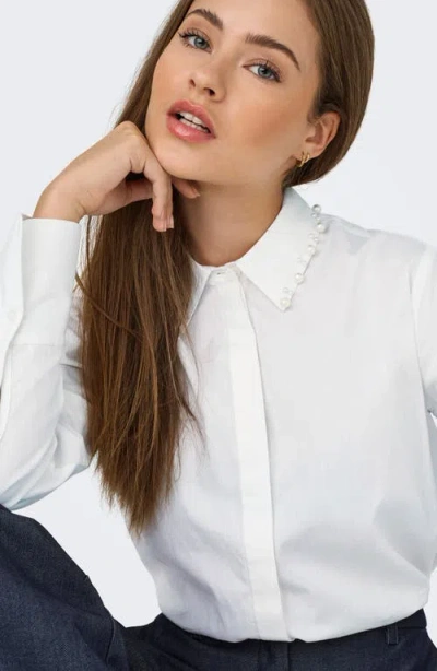 Only Lula Pearly Collar Long Sleeve Button-up Shirt In White