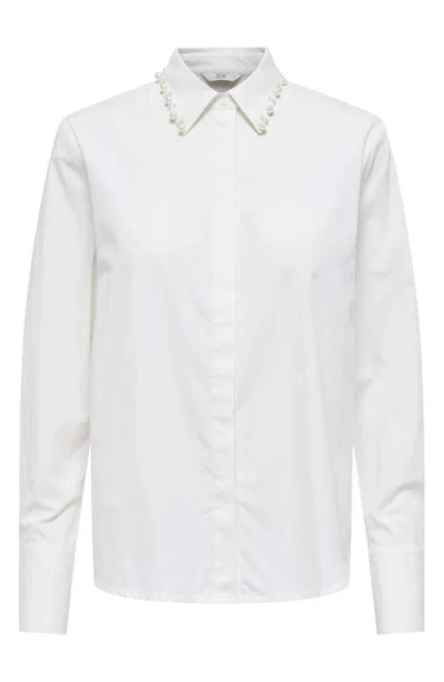 Only Lula Pearly Collar Long Sleeve Button-up Shirt In White