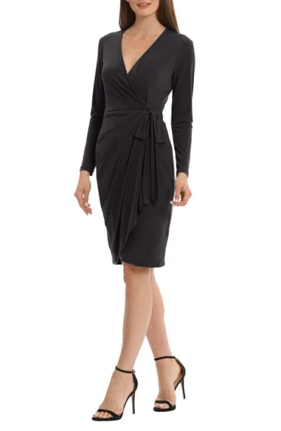 Maggy London Solid Long Sleeve Wrap Dress In Black