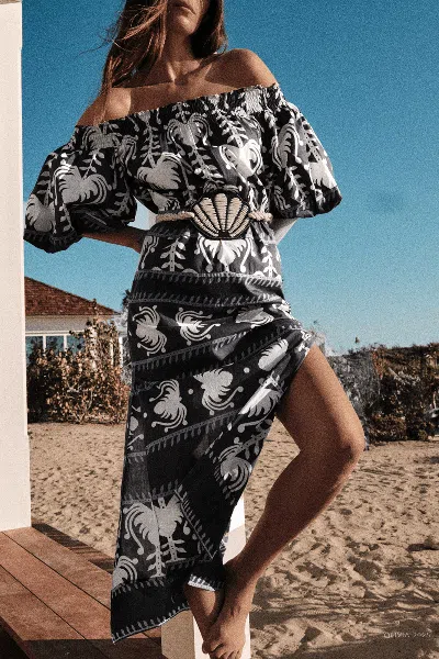 Johanna Ortiz Harbour Hues Patterned Cotton-poplin Midi Dress In Blue