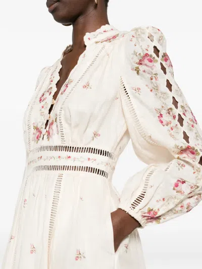Zimmermann Patience Floral Linen Midi Dress In Neutral