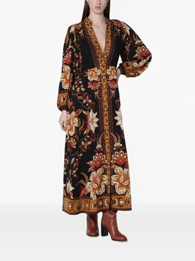 Farm Rio Black Majestic Garden Buttoned Puff Sleeve Maxi Dress In Brown