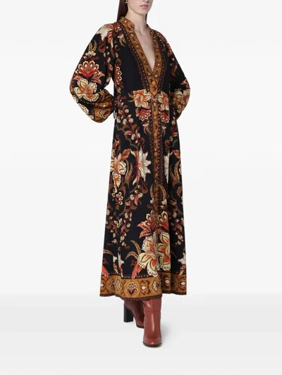 Farm Rio Black Majestic Garden Buttoned Puff Sleeve Maxi Dress In Brown
