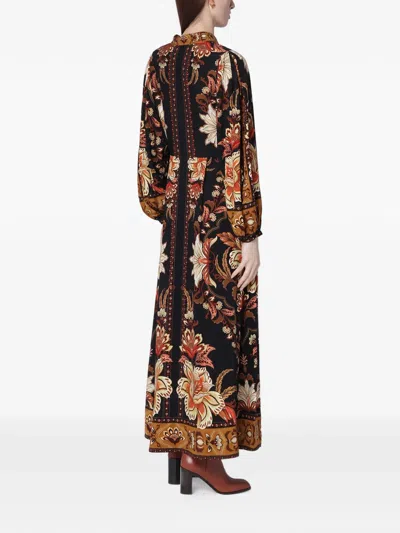 Farm Rio Black Majestic Garden Buttoned Puff Sleeve Maxi Dress In Brown