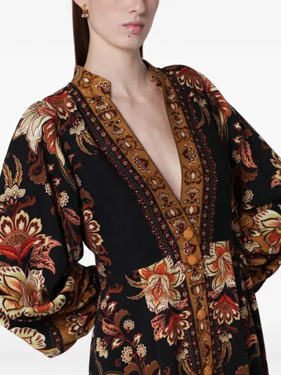 Farm Rio Black Majestic Garden Buttoned Puff Sleeve Maxi Dress In Brown