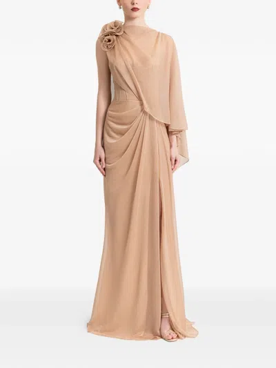 Gemy Maalouf Floral-appliqué Draped Gown In Brown
