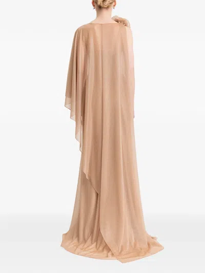 Gemy Maalouf Floral-appliqué Draped Gown In Brown