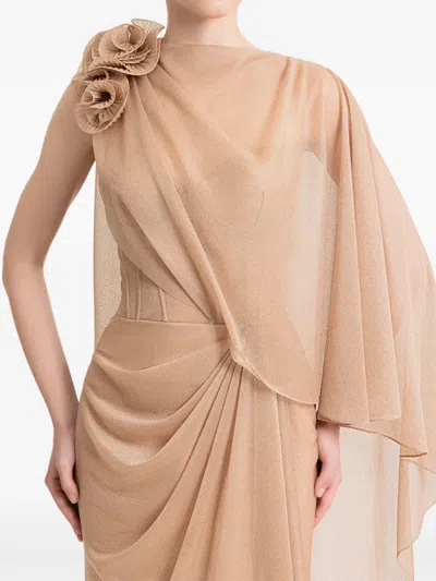 Gemy Maalouf Floral-appliqué Draped Gown In Brown