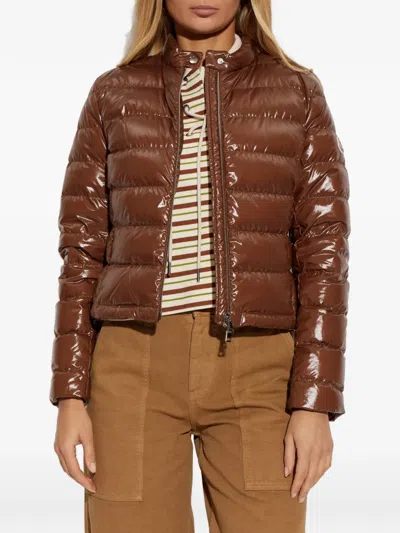 Moncler Papillon Short Down Jacket With Glossy Finish In Brown