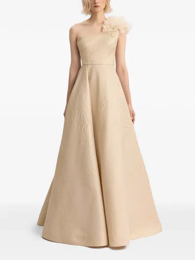Gemy Maalouf One-shoulder 3d Flowers Gown In Neutral
